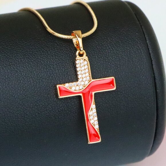 "Rose Gold Cross Pendant with Red Enamel and CZ Stone Detailing, XPPT1399 - Picture 1 of 13